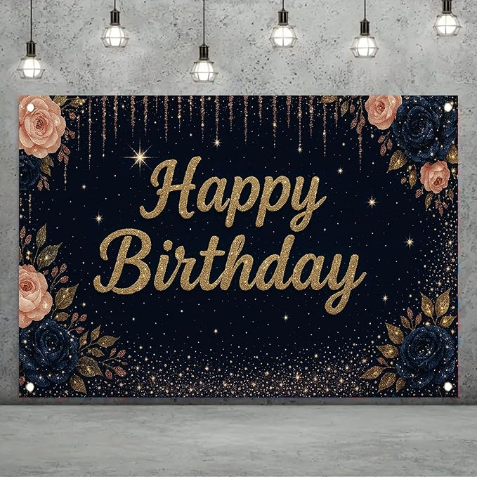 Happy Birthday Backdrop Banner Navy Blue Gold Glitter Rose Floral Birthday Party Decorations Photography Background Wedding Baby Shower Decor Booth Studio Props Supplies 71 x 43 Inch
