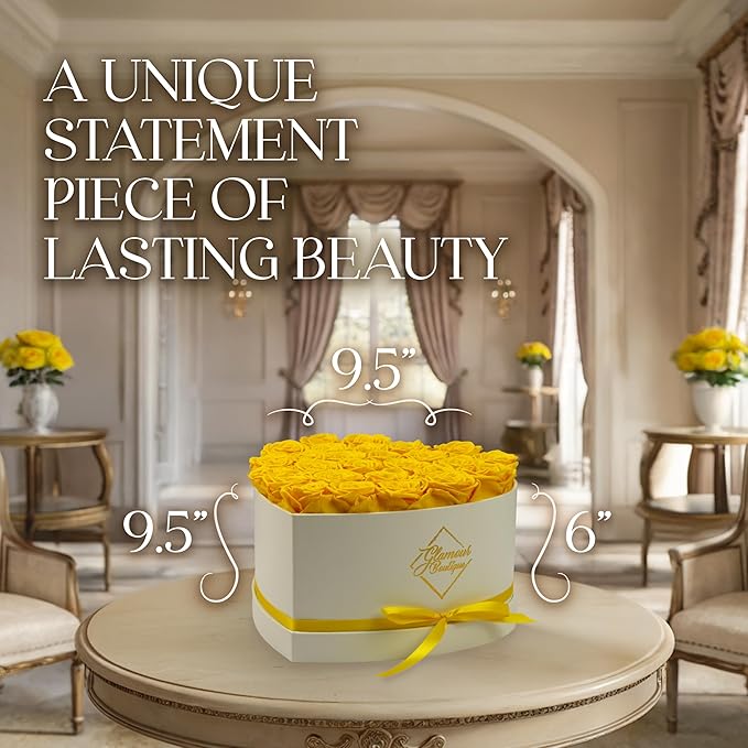 GLAMOUR BOUTIQUE Preserved Roses in a Box - Gifts for Her, Wife & Mom, Rose Flowers Forever Decor for Birthday Gift, Get Well Flower Bouquet Cased in White Box with Cover - Yellow - 27-Piece
