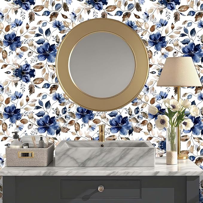 Blue Floral Peel and Stick Wallpaper Modern Contact Paper Waterproof Botanical Flower Removable Self Adhesive Wallpaper for Bathroom Bedroom Living Room Cabinets 17.7"x70.7"