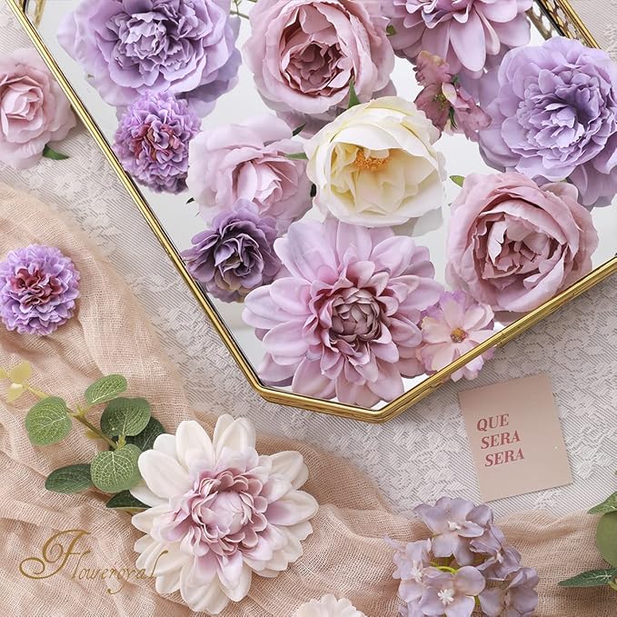 Floweroyal 2 Layers Artificial Flowers Combo Purple Flowers Mix Silk Flowers Dahlia Roses with Stems for Wedding Bridal Bouquets, Baby Shower, Floral Arrangement, Table Centerpieces