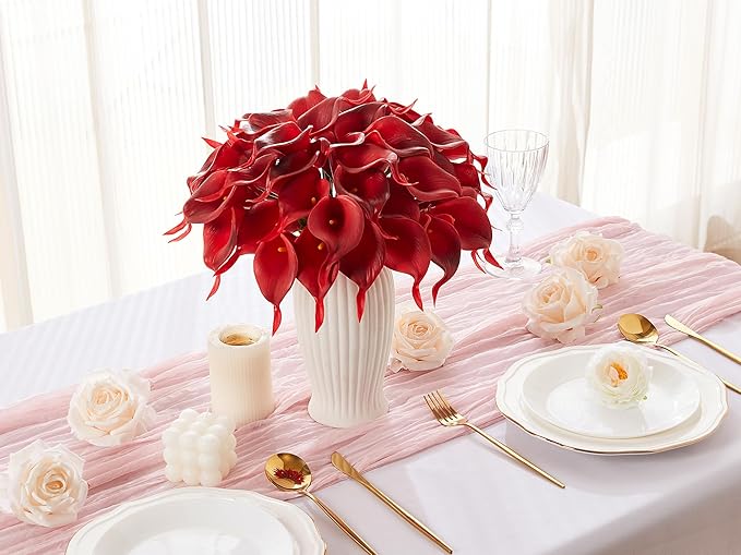 24 Pcs Artificial Calla Lily Flowers Fake Silk Flowers Real Touch for Halloween Wedding Bouquet Office Home Kitchen Decor (Burgundy)