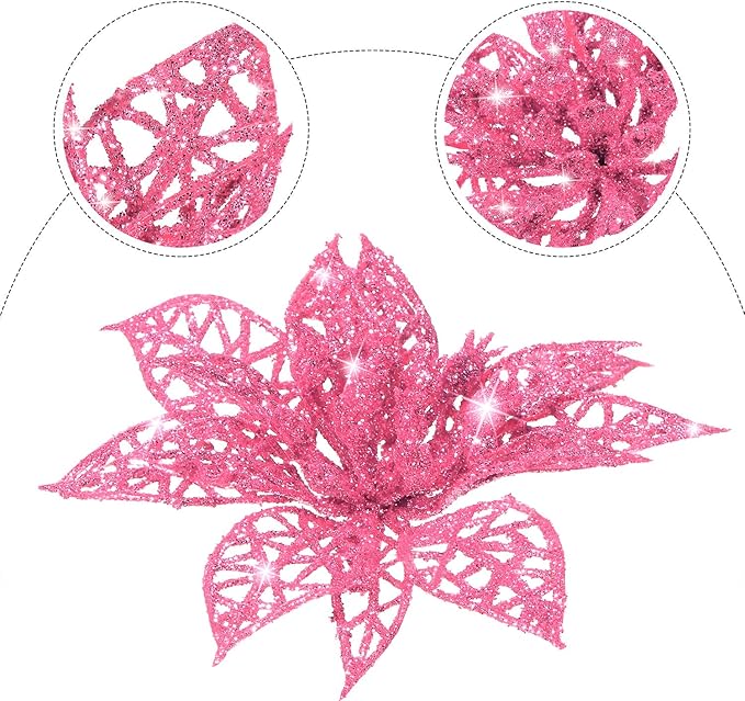 Boao Pink 24 Pieces Poinsettia Flower Christmas Glitter Artificial Poinsettia with Clips Christmas Tree Ornament Decorations for DIY Xmas Wreath Holiday Home Party Decor, 3/4/6 Inches