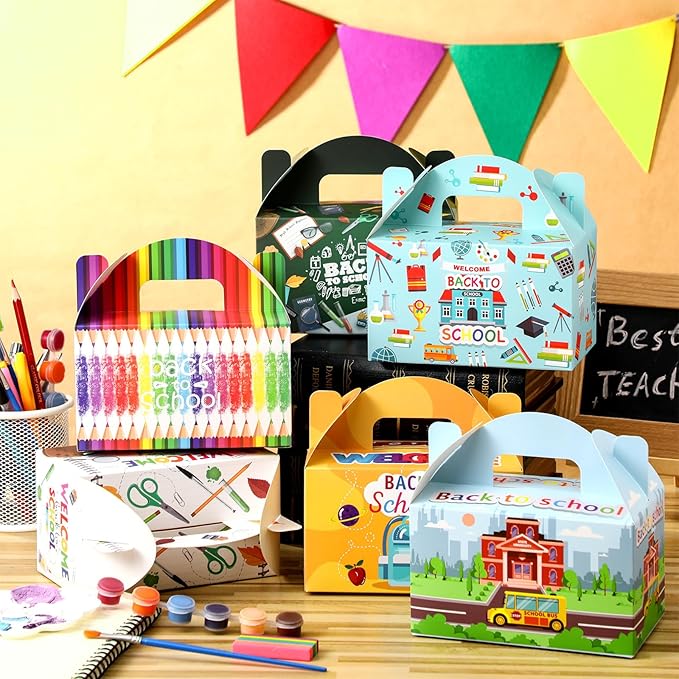 24 Pcs Back to School Party Favor Boxes First Day of School Gift Goodie Candy Cookie Treat Boxes with Handles for Classroom New Semester Favors Party Supplies