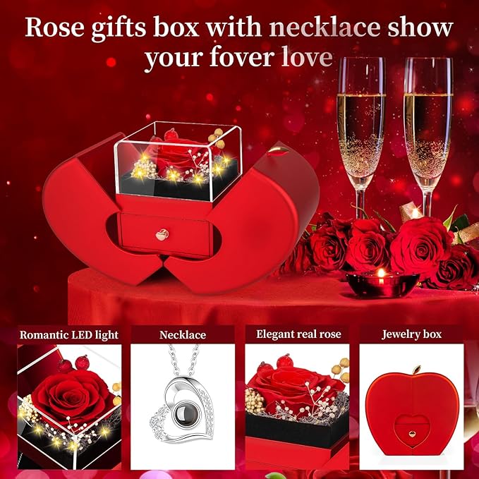 Preserved Red Real Rose with I Love You Necklace, Birthday Gifts for Women Her Mom Wife Girlfriend Grandma Christmas Anniversary Romantic-Red