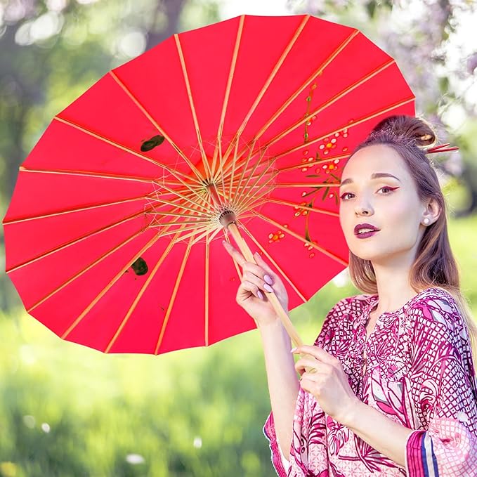 33" Red Flower Silk Cloth Decoration Handmade Parasol Umbrella Chinese Japanese Asian DIY Art Dance Classical Umbrella for Wedding Parties Photography Costumes Cosplay (Red)