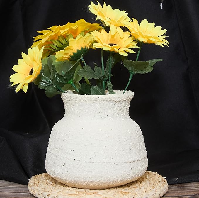Rustic Farmhouse Ceramic Vase Home Decor,Handmade Vintage Stoneware Clay Pottery Terracotta Textured for Modern Farmhouse, Living Room, Office Desk Table Shelf(Beige White) 6IN