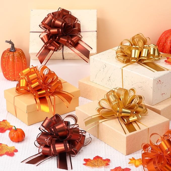 48 Pcs Christmas Large Pull Bows for Gift Wrapping 6 Inch Colorful Ribbon Pull Bows for Presents Boxes Basket Gifts Wrapping Xmas Birthday Wedding Holiday Party Decoration(Gold Orange Brown)