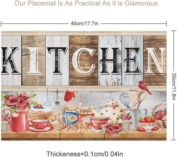 Farmhouse Vintage Kitchen Placemats Rustic Wood Plank Barn Door Retro Strawberry Utensils Knives and Forks Placemats Table Dining Party 12x18 Inch Set of 4