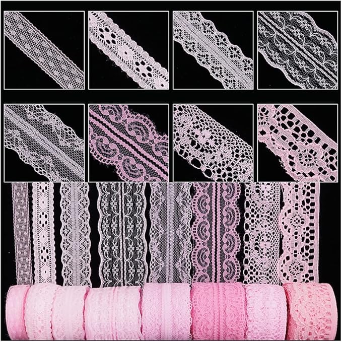 80 Yards Baby Pink Lace Trim Ribbon,8 Rolls Crochet Sewing Assorted Patterns Vintage Floral Lace Ribbons for Sewing DIY,Gift Wrap,Scrapbooking, Bridal Shower Wedding Decor, 10 Yards Each Roll