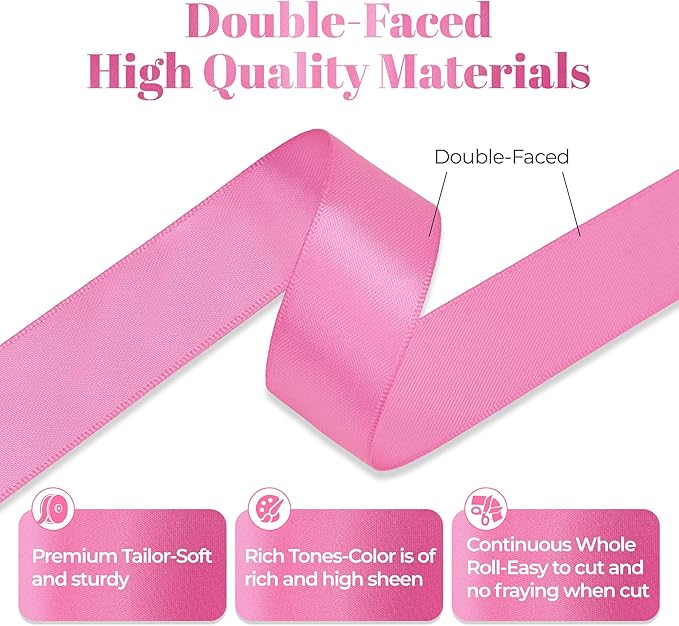 Hot Pink Satin Ribbon, Double Faced 7/8 Inch X 25 Yards Hot Pink Ribbon, Premium Satin Ribbon for Gift Wrapping, Crafts, Hair Bow Making, Sewing, Flower Bouquet, Wedding Party Decor