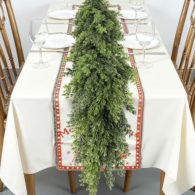 Real Touch Cedar Garland, Christmas Artificial Realistic Faux Cypress Pine Garlands, Christmas Greenery Garland Decorations for Mantle, Table, Stairs, Doorframe, Fireplace, Winter Garlands(9FT)