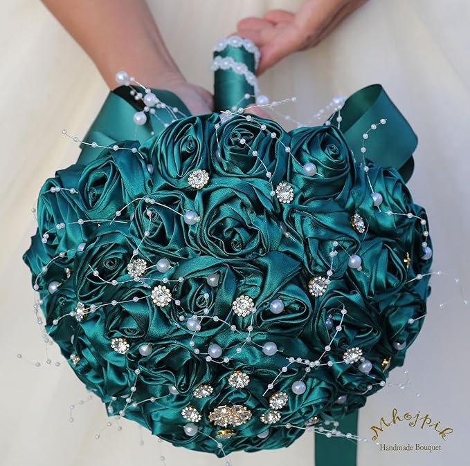 Bridal Wedding Bouquet Round Bling Brooch Bouquet Throw Toss Artificial Rose Flower Bunch for Bride Bridesmaid Wedding Quinceanera(Dark Green, 9.8")