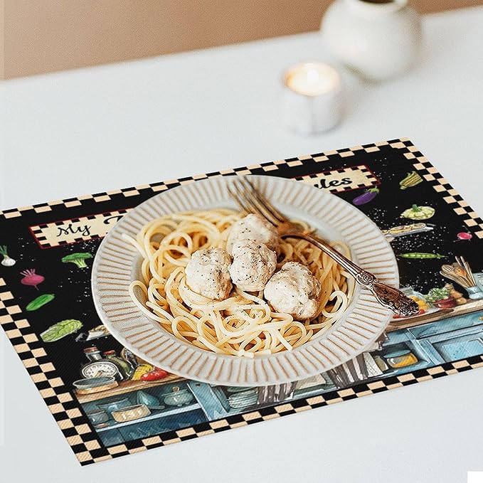 Gourmet Chef Placemats Vintage Rustic Plaid Cutlery Knives Cooking Vegetables Fruits Kitchen Utensils ation Placemats Table Kitchen Dining Party 12x18 Inch Set of 6