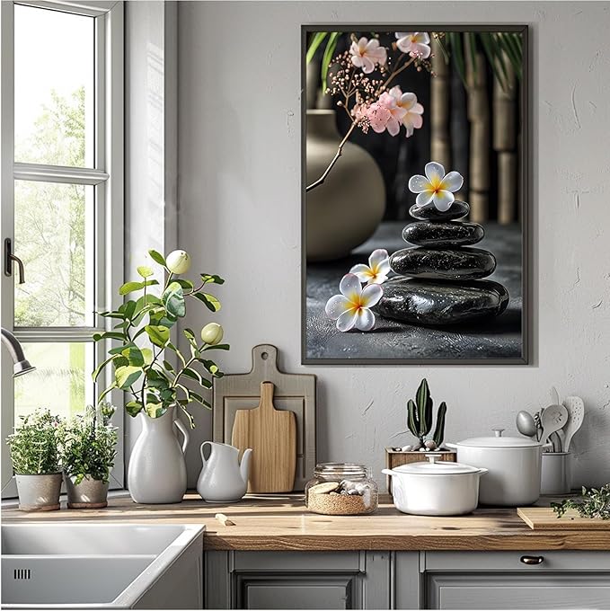 A harmonious black stone stack paired with white and pink flowers bamboo and ceramic vases creates a tranquil Zen decor for minimalist homes and mindful spaces 12x18in Metal blackFramed