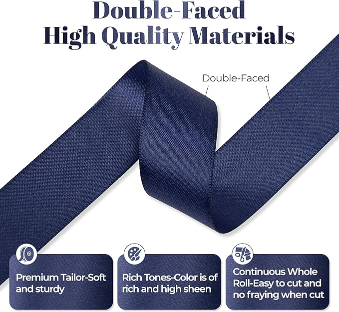 Navy Blue Satin Ribbon, Double Faced 1 Inch X 25 Yards Navy Blue Ribbon, Premium Satin Ribbon for Gift Wrapping, Crafts, Hair Bow Making, Sewing, Flower Bouquet, Wedding Party Decor