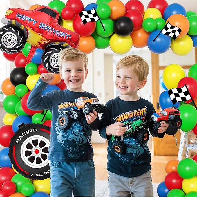 Monster Truck Birthday Party Decorations Men,Happy Birthday Banner,Balloon Arch Kit,Foil Balloons,Cake toppers