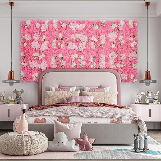 Flower Wall Backdrop 12pcs 16.5x16.5 Inch Artificial Floral Wall Panel 3D Silk Rose Wall Decor Ideal for Wedding Celebrations, Festive Party Backdrops, and Home Decor-Rose Pink