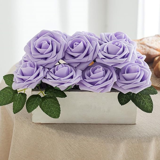 Artificial Flower Foam Rose 25pcs Real Looking Fake Rose with Stems Leaves for Home Decoration Party Garden Centerpieces DIY Wedding Bouquets（Violet）