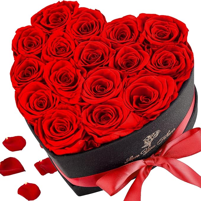 Forever Flowers, 16 Fresh Preserved Rose in Heart Shape Box for Delivery Prime, Eternal Rose for Her Wife Women Anniversary Birthday Red