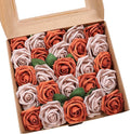 Meldel Artificial Flowers 25pcs Real Looking Burnt Orange Warm Taupe Foam Fake Roses with Stems for DIY Wedding Bouquets Bridal Shower Centerpieces Floral Arrangements Home Decorations Bulk Crafts