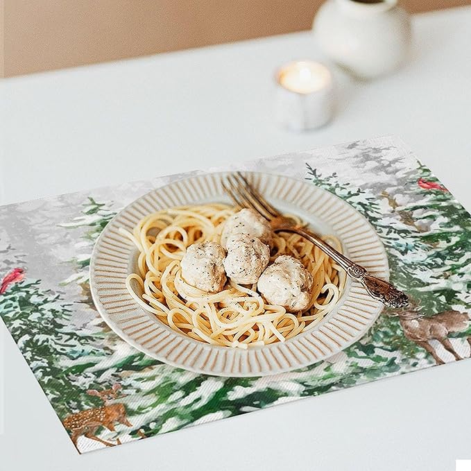 Winter Snowy Forest Placemats Christmas Pine Tree Snowflake Holiday Bath Rustic Christmas Tree Placemats Table Kitchen Dining Party 12x18 Inch Set of 6