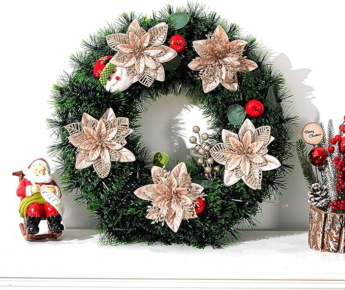 24 Pcs Champagne Boxed Christmas Poinsettia Flowers Set, 16 Pcs Artificial Poinsettias with Clips, 8 pcs Glitter Christmas Tree Ornaments Berry Stems for Wedding Home Holiday Xmas New Year Decorations