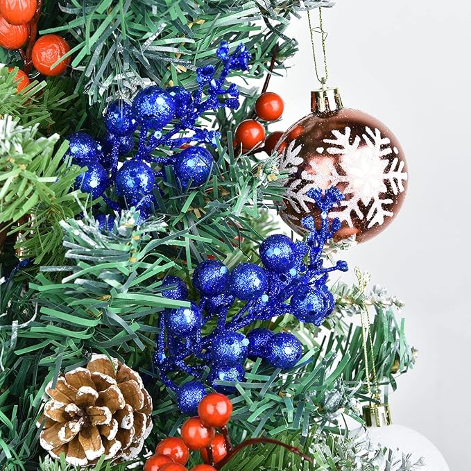 Lvydec 16pcs Christmas Glitter Berry Stems, 7.8" Artificial Christmas Picks for Christmas Tree Ornaments, DIY Xmas Wreath, Crafts, Holiday and Home Decor (Dark Blue)