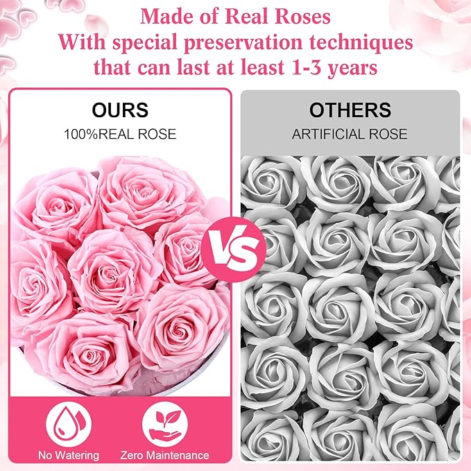 Pink Preserved Roses in Box 7 Preserved Forever Flower in a Round Box Last 1-3 Years with Heart Balloon Christmas Surprise Gift for Women Loved One Mom Valentines Anniversaries Need Assembly