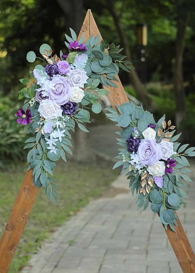 Artificial Lilac Wedding Arch Flowers Swags Set of 2 for Wedding Welcome Signs Floral and Reception Ceremony Decorations, Purple Wedding Flowers