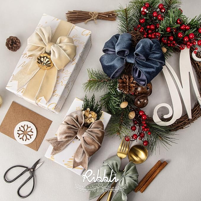 Ribbli Ivory Velvet Wired Ribbon 1.5 Inch Velvet with Satin Christmas Ribbon for Gift Wrapping Christmas Tree Decoration Crafts Wreaths Supplies-Continuous 10 Yards