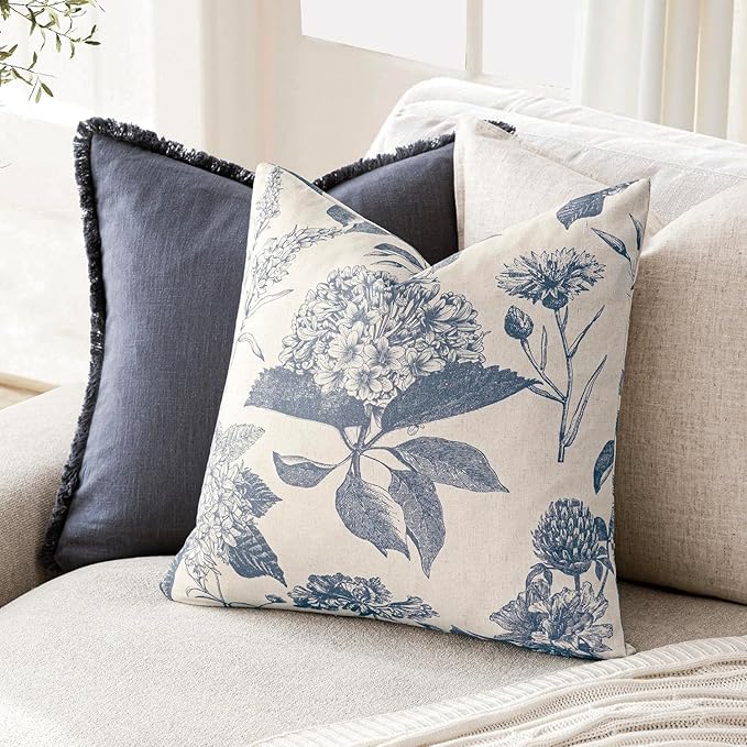 Foindtower Set of 2 Linen Floral Vintage Throw Pillow Covers Neutral Accent Print Decorative Cushion Covers Farmhouse Boho Home Decor for Sofa Chair Couch Bedroom Living Room,20×20 Inch,Blue
