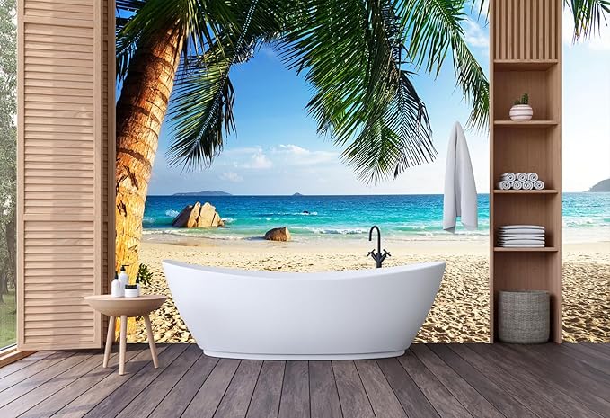 Beach Wall Mural Tropical Palm Trees Wallpaper for Bedroom Bathroom（Not Peel and Stick）