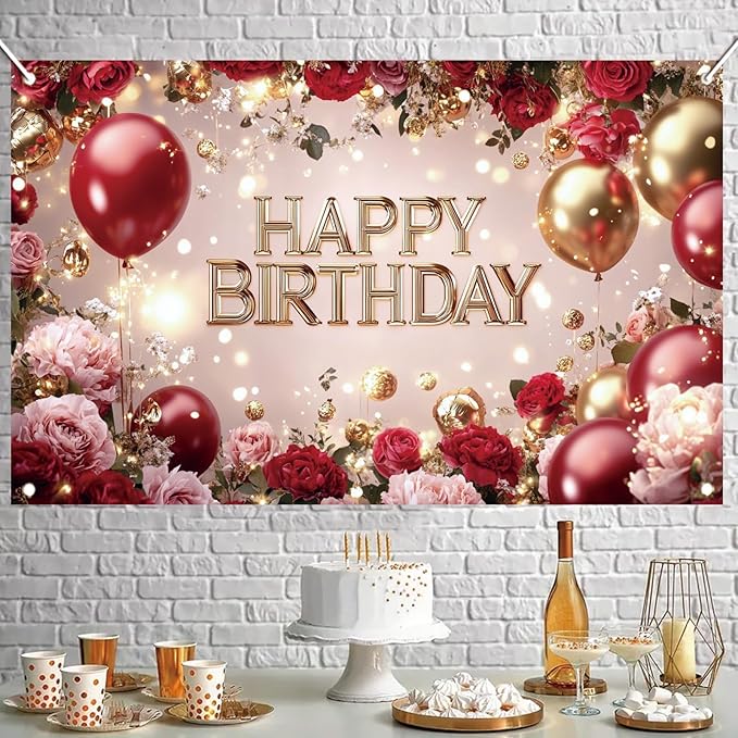 Red and Gold Happy Birthday Backdrop Banner Elegant Roses Balloons Photography Background Birthday Party Decorations Photo Booth Props Supplies 71x43 Inch