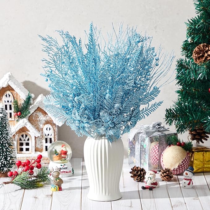 30 Pcs Artificial Christmas Tree Picks and Sprays Glitter Berry Stem Branches Holly Floral Picks Twigs Christmas Tree Ornaments for DIY Xmas Wreath Vase Filler Decorations(Lake Blue)