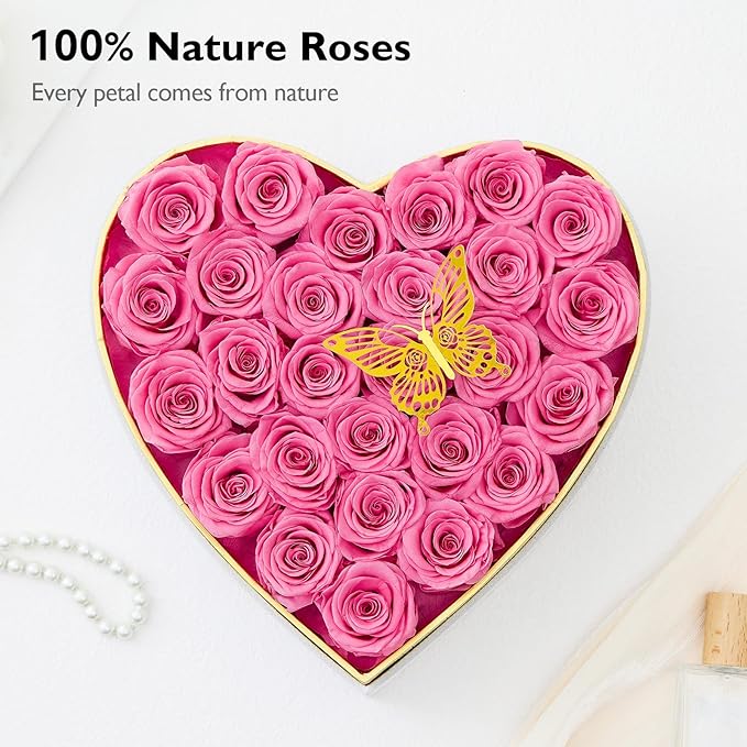 Eterfield 27 Forever Flowers in Heart Shape Box, Preserved Roses That Last a Year Preserved Flowers Birthday Gifts for Her Mom Women Wife Anniversary Valentines Day Mothers Day Christmas, Pink