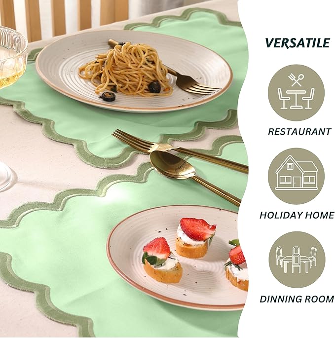 Folkulture Christmas Placemats – Set of 4 (13 x 19 Inches) | 100% Cotton Scalloped Sage Green Placemats | Heat Resistant Table Mats for Christmas Decorations and Xmas Dining Table Décor