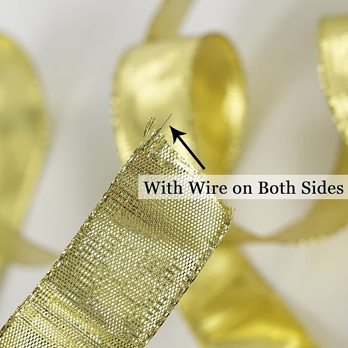 MEEDEE Gold Wired Woven Metallic Ribbon - 1 inch, 25 Yards for Gift Wrapping, Bows, Wreaths, Graduation, Wedding & Party Decorations