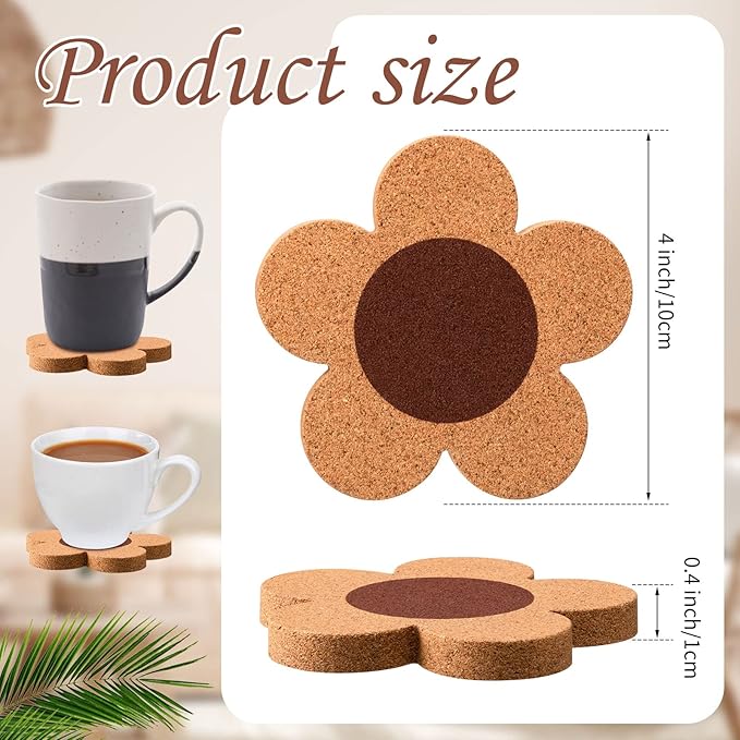 Foaincore 24 Pcs Thick Flower Cork Coasters for Drinks 4 Inch Absorbent Reusable Farmhouse Rustic Wood Drink Coasters for Coffee Wine Mug Desk Glass Table Aesthetic Cute Apartment Decoration