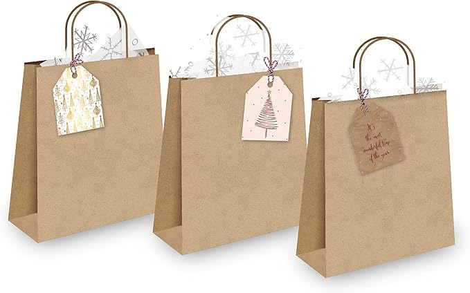 Pro Supply Global 24 Count of 2.5 Inch x 3 Inch Pre Strung Gold Christmas Trees Gift Tag Assorted Printed Designs on Large Cardstock Gift Hang Tags - Ideal to Use on Bags