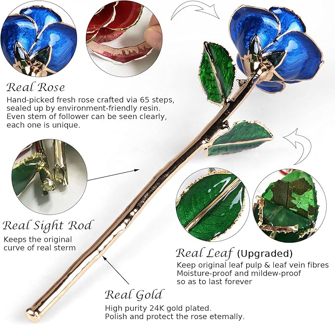 Sinvitron Gold Dipped Infinity Rose Forever Flower Decor, Resin Preserved Real Rose Birthday Gift for Women, Anniversary Present for Mom (Deep Blue)