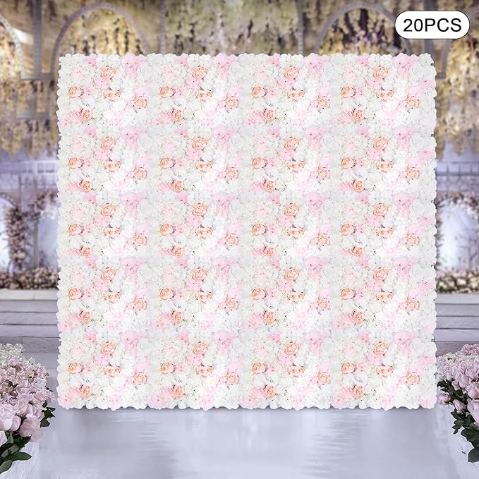 20 Pack Flowers Wall Panels Artificial Floral Wall Mat Handmade 3D Silk Rose Hydrangea Dahlia Floral Panels for Photo Background Home Party Wedding Backdrop Decoration, 24 x 16 inch (A)