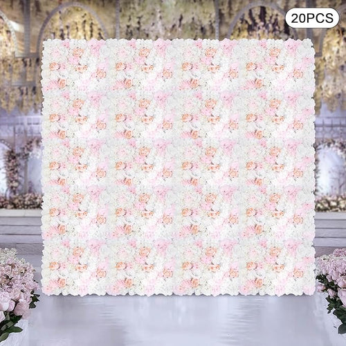 20 Pack Flowers Wall Panels Artificial Floral Wall Mat Handmade 3D Silk Rose Hydrangea Dahlia Floral Panels for Photo Background Home Party Wedding Backdrop Decoration, 24 x 16 inch (A)