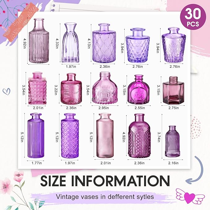 Yaomiao 30 Pcs Vases Bulk Colored Flower Glass Christmas Vases Bud Vintage Colored Glass Bottles Colorful Rustic Embossed for Home Wedding Table Decorations Gifts(Purple Series)