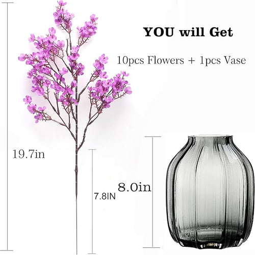 10pcs Babys Breath Artificial Flowers With Vase Gypsophila Bouquet Bulk Fake Spring Silk Flowers Real Touch Faux Floral for Home Bedroom Kitchen Garden Wedding Christmas DIY Decor (Purple)