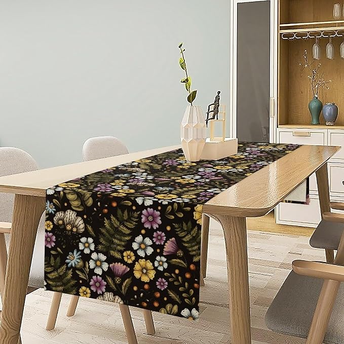 Vintage Flower Table Runner, Rustic Farmhouse Colourful Botanical Flowers Fern Print Kitchen Dining Table Decor Seasonal Home Decoration Indoor Outdoor Party, 13x60inch