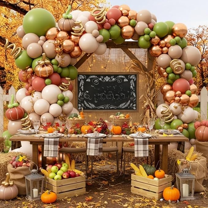 Fall Balloon Garland Arch Kit, Burnt Orange Green Sand Ivory White Metallic Champagne Gold Balloons Garland kit for Thanksgiving Autumn Fall Birthday Baby Shower Party Decorations