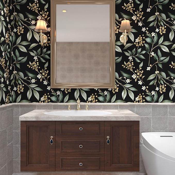Dark Peel and Stick Wallpaper Vintage – Dark Green Leaf Removable Self-Adhesive Vinyl for Bathroom Bedroom Kitchen Drawer Cabinet, Black Green Gold Floral Wall Decor Retro Style 17.5" x 118"
