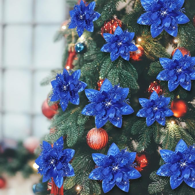 Geosar 36 Pcs Christmas Glitter Artificial Poinsettia Flowers Xmas Poinsettia Artificial Wedding Flowers Decorations Xmas Tree Ornaments with Clips for Party, 6 Inch, 4 Inch, 3 Inch(Royal Blue)