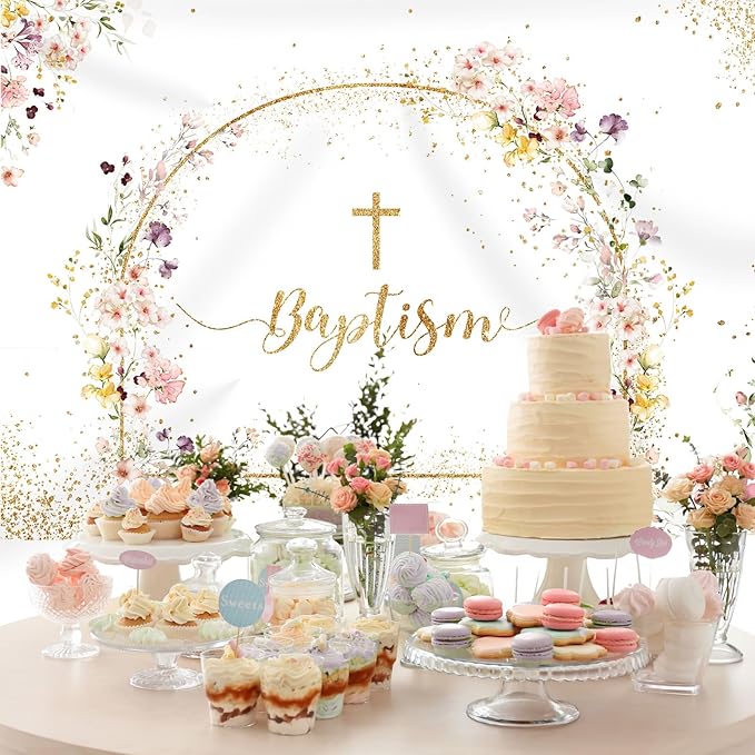 Baptism Backdrop God Bless Floral Golden Dots First Holy Communion Christening Photography Background Baptism Party Decoration Supplies Baby Shower Banner Photo Booth Studio Props 7x5ft