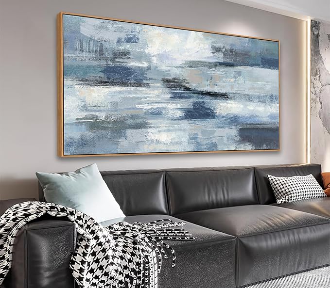 Indigo Framed Wall Art Abstract Ocean Canvas Pictures Blue White Grey Painting Vintage Wall Decor Modern Artwork Prints for Living Room Bedroom Bathroom Office Home Decoration Ready to Hang 29"x58"